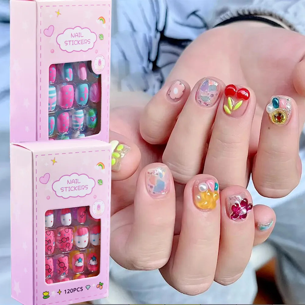 120 stks kawaii valse nagels kinderen druk op cartoon zelfklevende nagel volledige omslag korte valse manicure kits geschenken voor kinderen meisjes