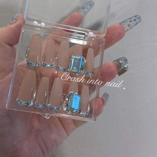 Square Blue Rhinestone T-shaped Fake Nails Transparent Long T Nail Type Look Right Wearable False Nail Handmade Finished Product
