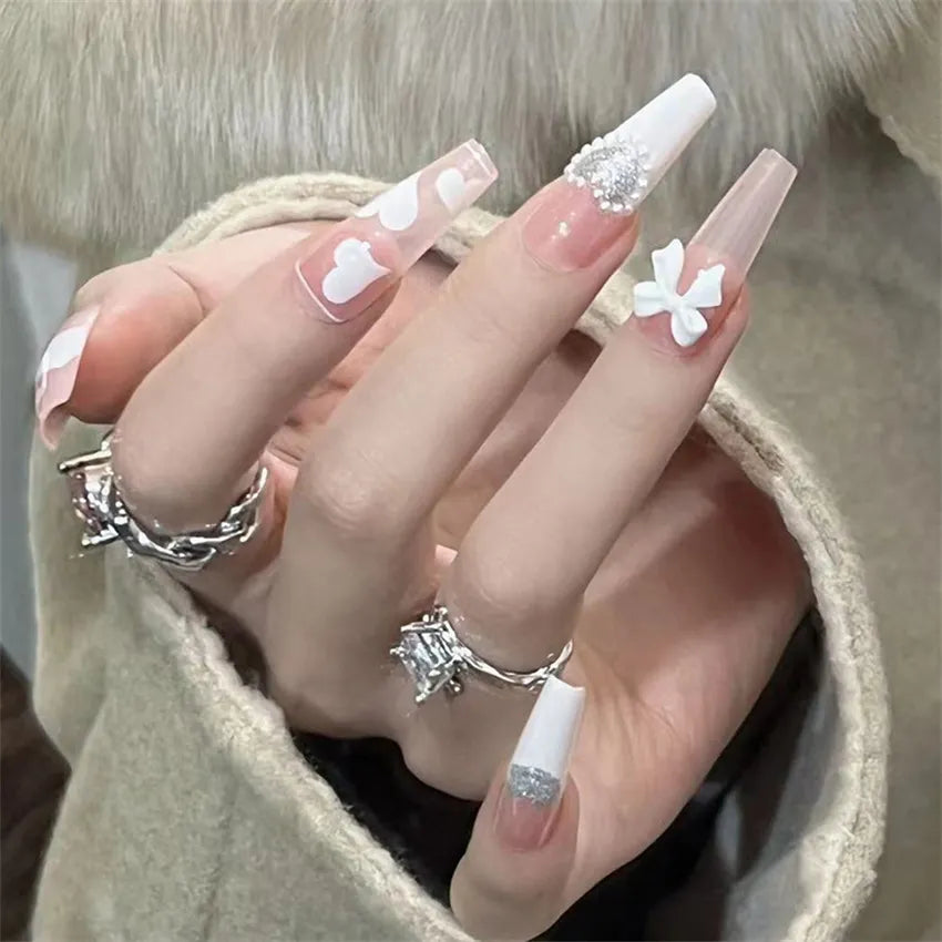 24Pcs/Set White Bowknot Wearable Fake Nails Love with Diamonds Cute Girls Reusable Press on Nail Tips Long Ballet Stick on Nails