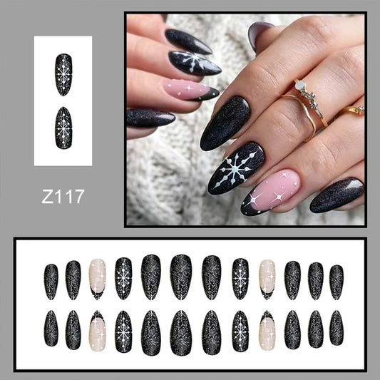 24pcs French Simple Fake Nails Ins Christmas Snowflakes False Nail Tips Almond Stick on Nail Patch for Girl Lady Manicure Tools