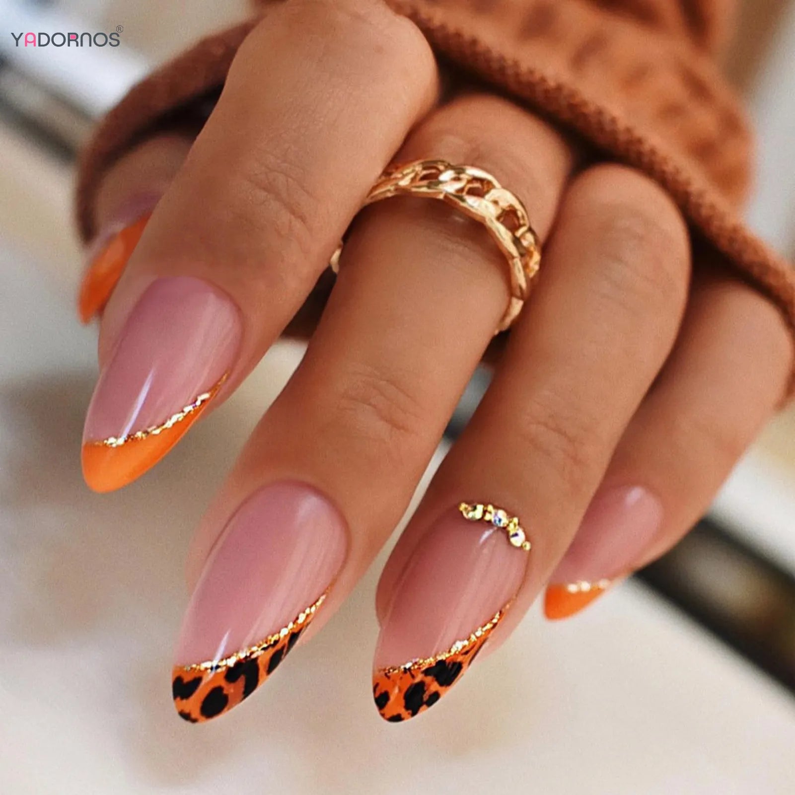 24Pcs Almond Fake Nails Orange Leopard Printed Press on Nails Full Cover Acrylic False Nails Patch for Women DIY Manicure Art