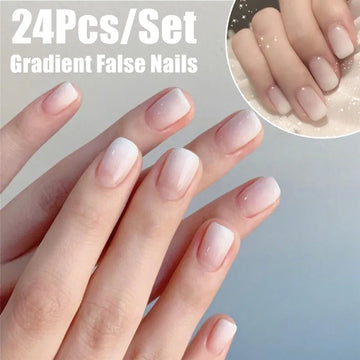 PITAK 24Pcs Glossy White Short Square French Nail Gradient Color Medium Fingernails Detachable False Nails with Glue Sticker