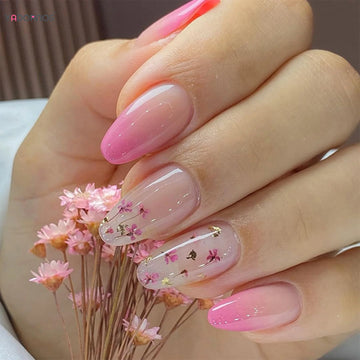 24Pcs Almond Fake Nails Gradient Pink Flower Designs Full Cover False Nails for Women Spring Summer Press on Nails Tips 2024