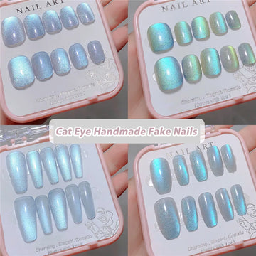 Nail Art French Detachable Fake Nails Blue Crystal Cat Eye Flash Diamond Handmade Wearable Full Cover False Nail Press on Nails