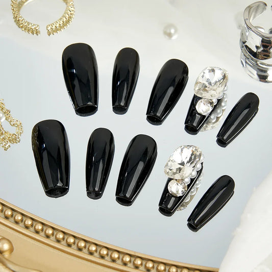10 -stcs zoete coole hete meid valse nagel met lijm draagbare zwarte kristallen diamant nep nagels met ontwerpen druk op nagels lange kist