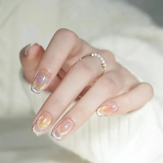 24 piezas de uñas falsas Aurora Aurora Patch de uñas falsas Cabeza cuadrada Cat Ojo de la uña acrílica para niñas Manicure Manicure Cainas de uñas