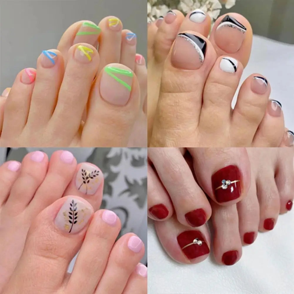 24st Kort Simple French Fake Toenails Leopard Print Square Toe Nails Artificial Full Cover Foot Nails Tips For Women Girls