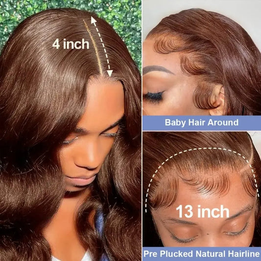 13x6 Chocolate Brown Body Wave Lace Front Wig HD Transparent Lace Frontal Wig Human Hair Preplucked Colored Human Hair Wigs 180%