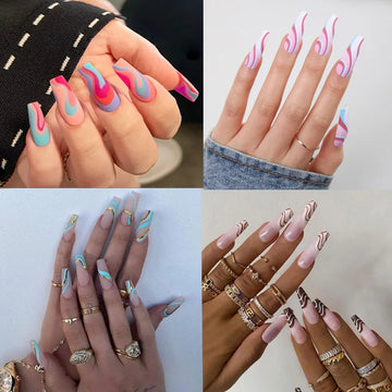 Wearing nails with simple lines, long style nail patches, rainbow dual color false nails