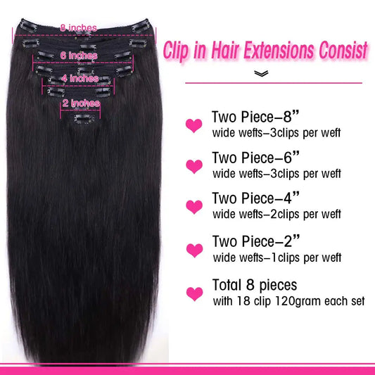 Straight Clip In Extensions Human Hair Brazilian Clip In Natural Black Color Clip Ins Remy Hair For Women Clip in Extension 120G