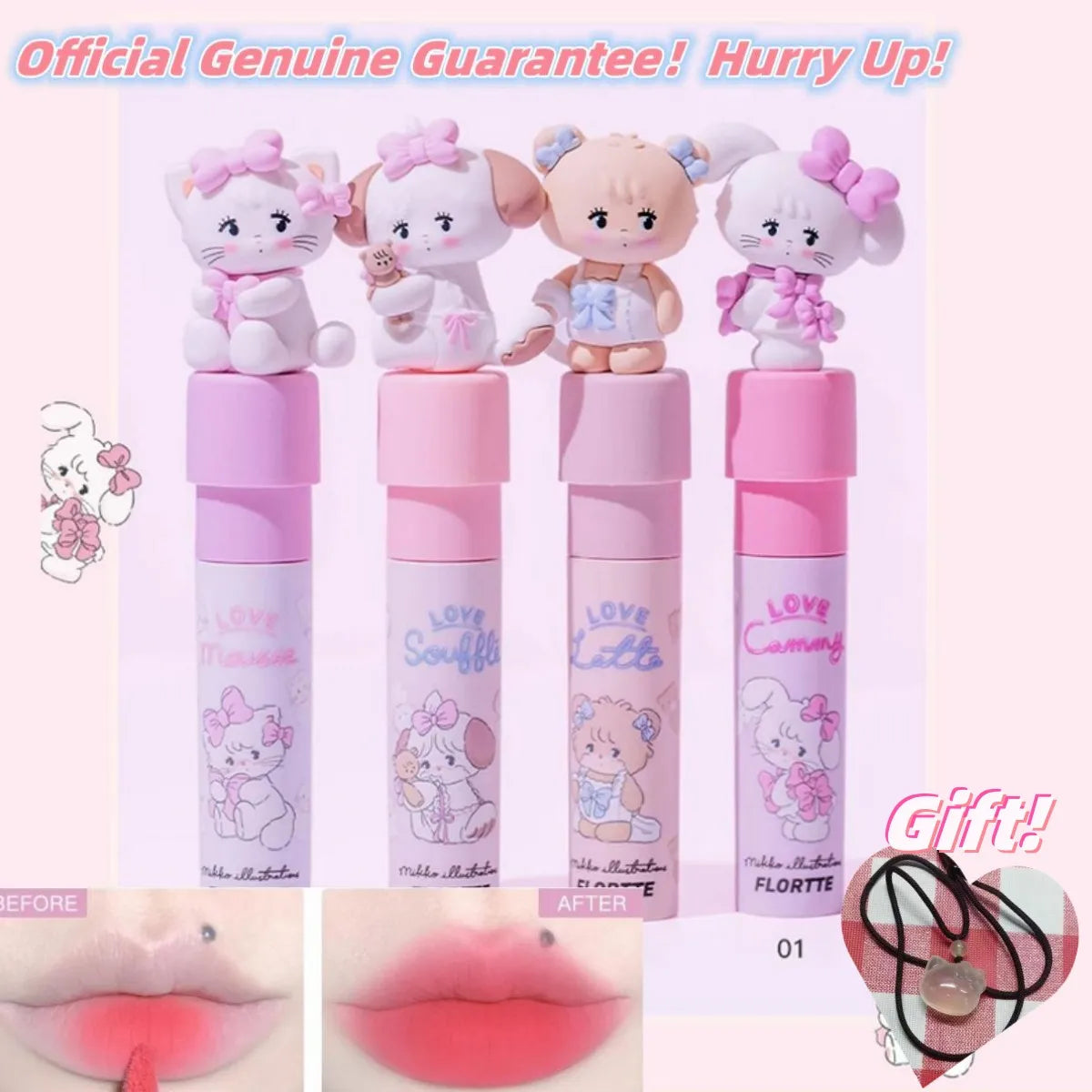 FLORTTE Matte Lipstick Cute Permanent Lips 24 Hours Long Lasting Vintage Makeup Pink Lip Gloss Female Cosmetic Products Korean