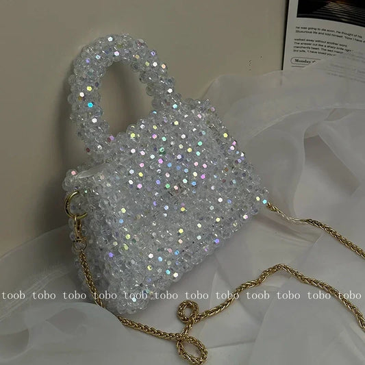 Popular Fantasy Transparent Bling Crystal Mini Evening Party Bags Handmade Beaded Woven Purses and Handbags Luxury Designer