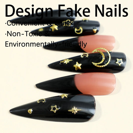 Mode lang puntige valse nagels Franse zwarte gouden maanster decor press op nagels afschikbare kunstmatige nagels voor meisjesdame 24pcs