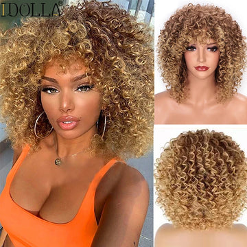 Idolla Short Curly Blonde Wig Synthetic Afro Kinky Curly Wig With Bangs For Black Women Natural Ombre Blonde Cosplay Wig