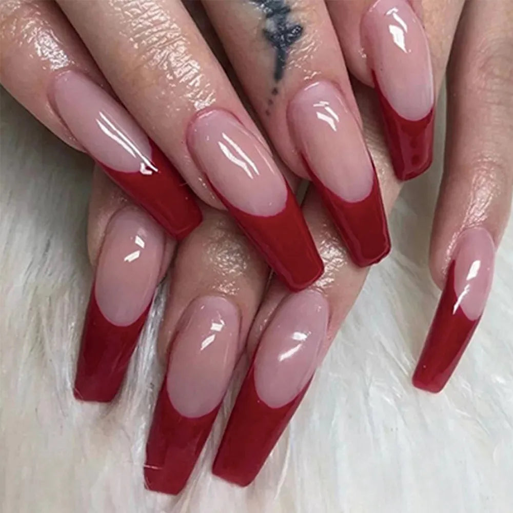 Enkel rödkantad fransk kista falska naglar avtagbara lång ballerina strass falska naglar fullt omslag nagelspress på naglar