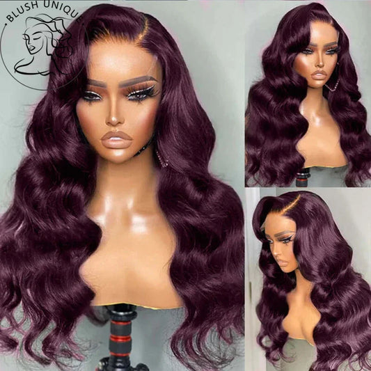 Dark Burgundy Lace Front Wigs Synthetic Body Wave Lace Wigs for Women Deep Purple 13X4 HD Lace Front Wigs T Part Glueless Wig
