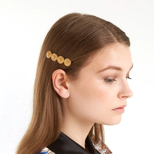 8Pcs/Lot Alloy Matte Gold Catwalk Hair Clip Baroque Retro Portrait Barrettes Copper Coin Hairpin Styling Accessories HA1413
