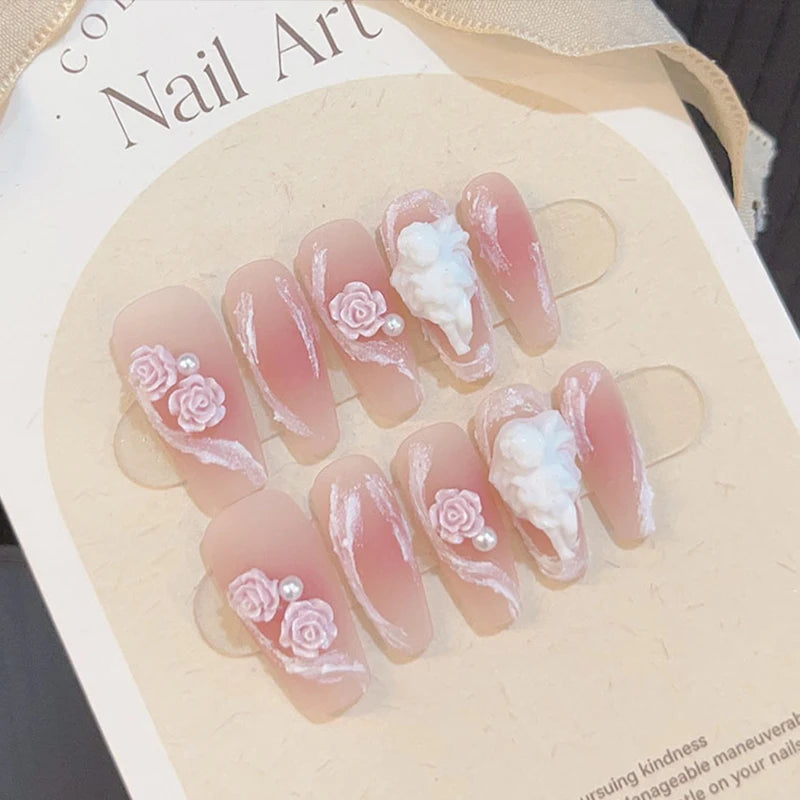 10Pcs Handmade Press on Nails Long Ballet Pink Fake Nails with 3D Camellia Flower Pearl Design False Nails Full Cover Nail Tips