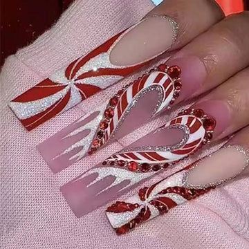 Julklappar falska naglar glitter röd strass band designer falska nagel lapp lång kista balett bärbar press på naglar tips