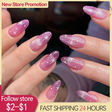 24pcs Fake French Y2k Nails Press On Long Stiletto Almond Shape Wearable False Nails Purple Stars Designs Full Cover Nail Tips