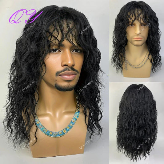 Synthetic Men's Wig Long Brown Natural Curly Rock Man Wig With Bangs Party Or Cosplay Adjustable Water Wave Male Hair Wig
