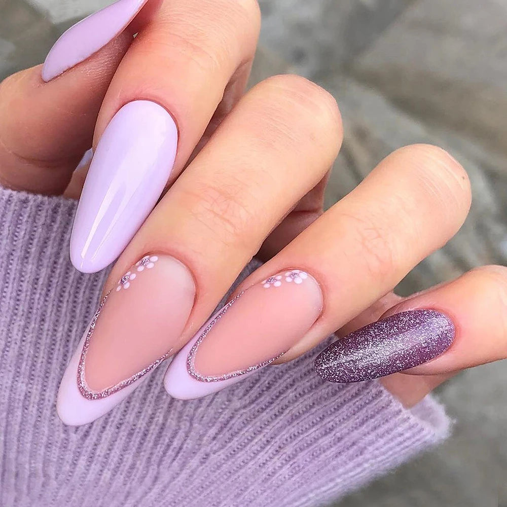 24st Black French Long Ballerina Fake Nails Purple Glitter Almond Full Cover Nails Simple False Löstagbar Press On Nails