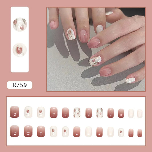 Kort gradient tulpan retro blomman nagelkonst färdig falska naglar press på naglar med lim japansk ins stil charm elegant kvinna