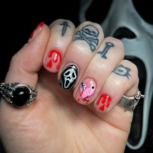 24 -stcs Halloween Black Ghost Face Korte druk op nagels vierkante nep nagels kleurrijke patch schattige valse nagels stok op nagels voor vrouwen
