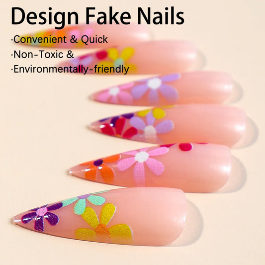 24pcs Long Point Press On Nails Colorful Small Flower Sweet False Nails for Girl Wearable Artificial Nail Tips