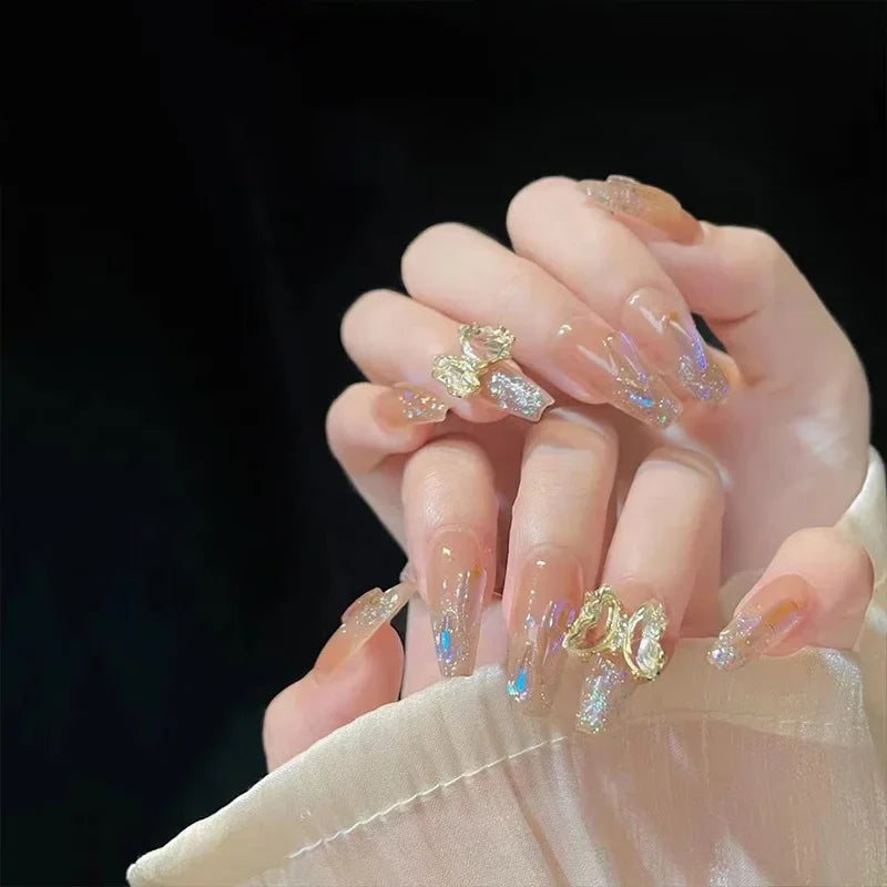 Style français 24pcs faux ongles portable laiteux blanc brisé ballet diamant ongles fini terminé amovibles et réutilisables