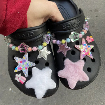 Kleurrijke sterren pluche diy croc charmes ontwerper mooie all-match schoenen charmes voor croc hele set klogs schoengespits Modekwaliteit