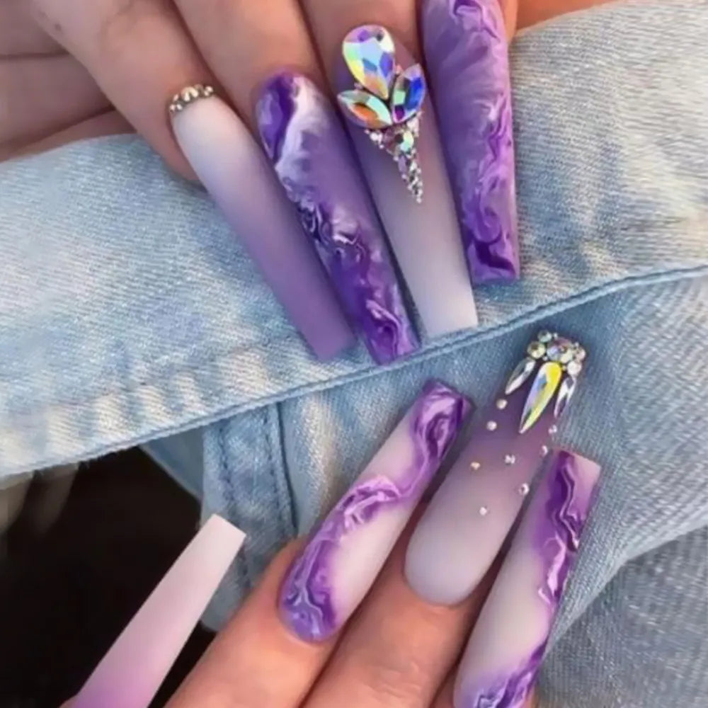 Y2K 24 Pcs Glossy Long Ballerina Press On Nails Purple Glitter Fake Nails With Rhinestone Shiny Reusable Artificial False Nails