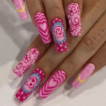 Kawaii Barbie Press de uñas falsas en el arte Patch Fashion Ladies Sweet Fasle Nails Women Butterfly Pink Pink Tips Long Wearable Nail