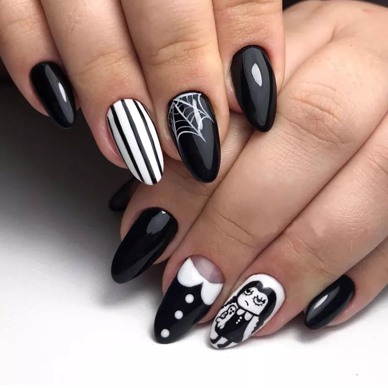 24st Black Halloween Ghost Press On Fake Nail Set Pumpkin French Tip Full Cover Coffin Acrylic Long False Nails Art Tips