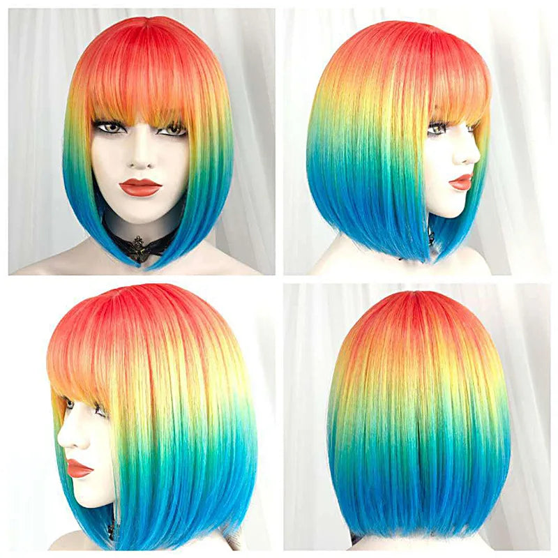Similler Women Synthetic Hair Short Rainbow Wigs Straight High Tempera Fiber Colorful Wig Ombre Bob Wig with Bangs