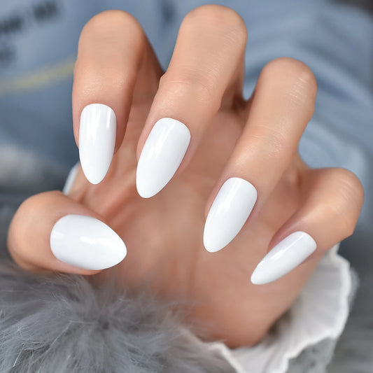 Glansig vit press på naglar ballerina medelstora mandel falska naglar fast färg matt form för falsk nagel