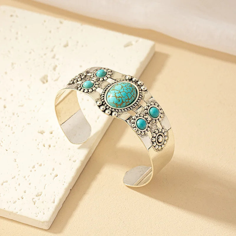 Bangles For Women Retro Geometric Turquoise Metal Open Bracelet OL Holiday Gift Fashion Jewelry Hand Accessories B046