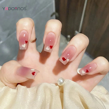 Zoete stijl nep nagels tedere ijzige ballet nagels gradiënt roze kleur pers op nagels liefde hartpatroon voor vrouwen diy manicure kunst