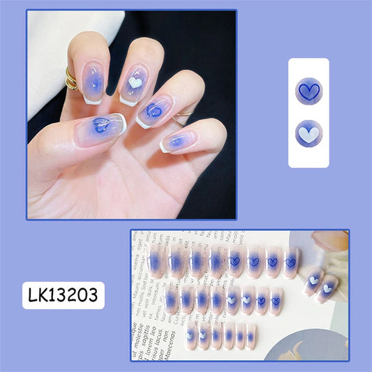 24 -stcs/set blauw hart ballet dragen nep nagels witte rand Franse druk op nagel verse meisjes kunstmatige herbruikbare valse nagels kunst
