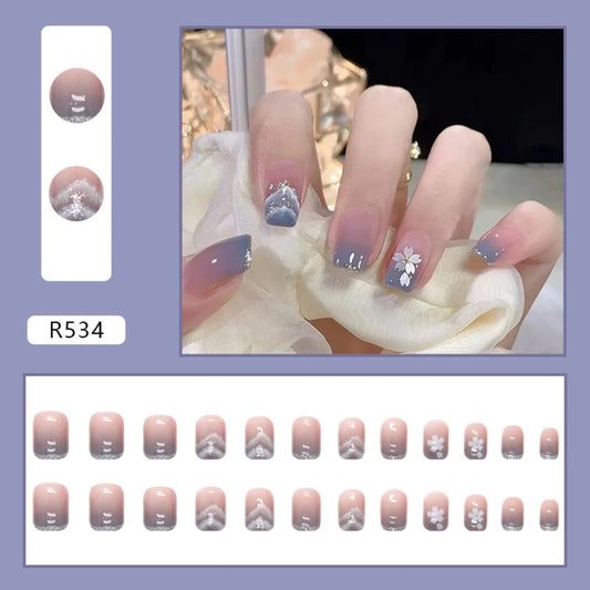 24pcs Blue Gradient Halo Glitter Shards portable faux ongles courts amovibles acryliques faux ongles couverture complète Presse sur les ongles Art