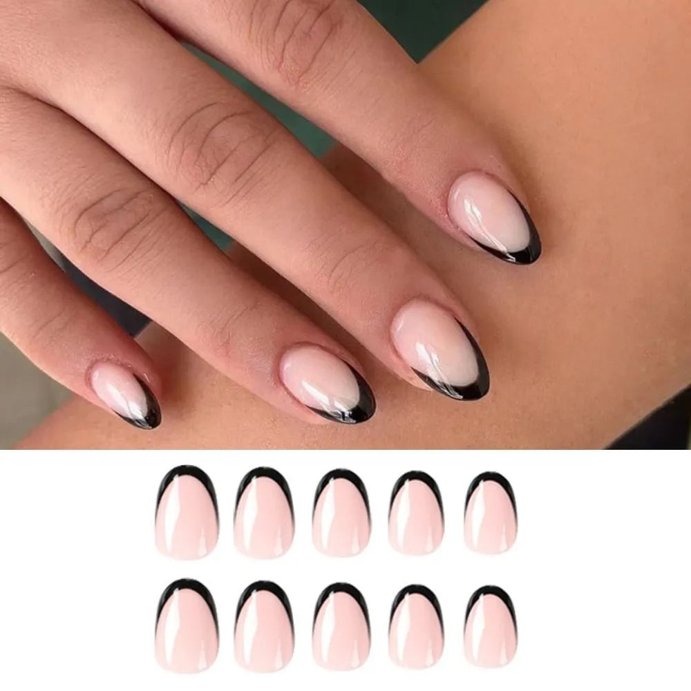 24pcs Short Almond False Nails French Black Edge Nail Tips DIY Full Cover Detachable Fake Nials Press on Nails