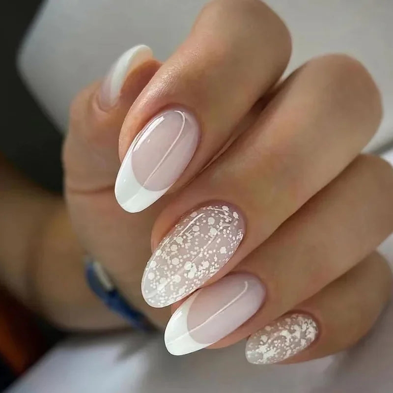 24st franska falska naglar mandel falska naglar med limpress på vit kant design bärbar enkel insrosa stilett nagelips
