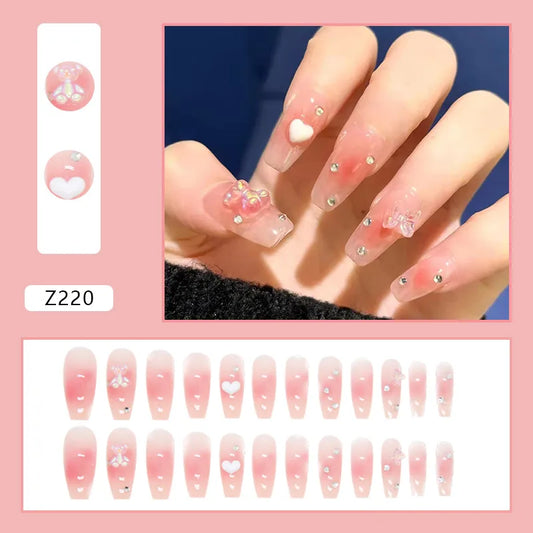 24pcs Press on False with Designs Bear n Heart Decal Fake Nails Art Full Cover Artificial Long Nail Tips With Wearing Tools