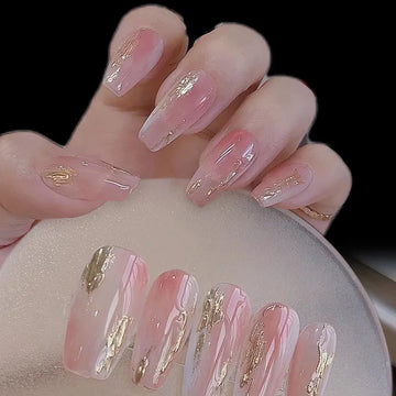 Roze eenvoudige gradiënt afneembare doodskist valse nagels draagbare gouden folie pailletten nep nagels volle hoes nagel tips druk op nagels