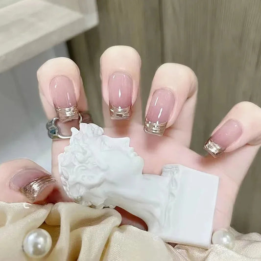 24 st -löstagbara franska falska naglar bärbara falska naglar fullt omslag nagelspekar med guldfolie design press på naglar