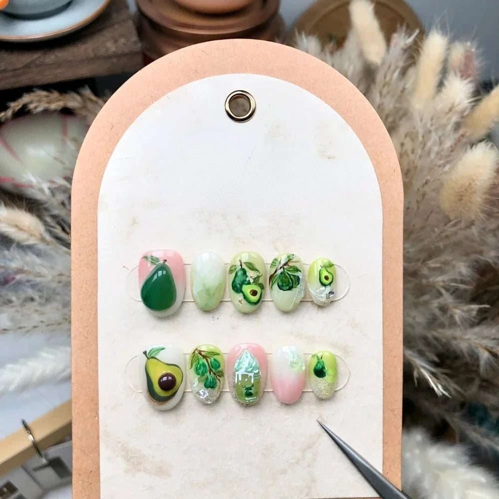10Pcs Handmade Manicure Short Almond Fake Nails 2024 Cute Avocado Limite Nails Press On Nails Design with Adhesive Nail File Set