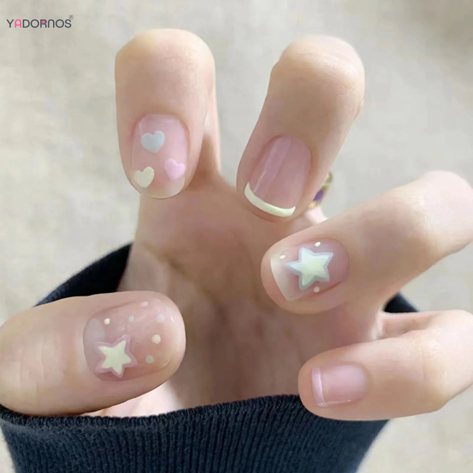 24st Clear Pink Press On Nails With Star Love Heart Designs Short Square French Nails Y2K False Nail For Lovely Girls 2023
