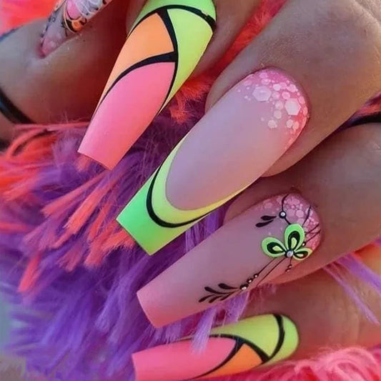 24pc lange ballerina valse nagel dragen spijker gekleurde gradiënt vlinder Franse pers op nagelsticker zomer volledige dekking vals nagel