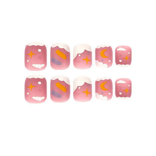 24p Söta korta falska naglar Rainbow Cloud Design False Nails Art Full täckning Vattentät borttagbar faux Tryck på nagel med verktyg