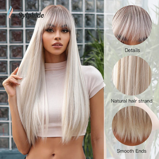 La Sylphide Ombre Grey Blonde Wigs for Woman Long Straight Wigs with Bangs Synthetic Wigs Cosplay High Quality HIgh Tempreature